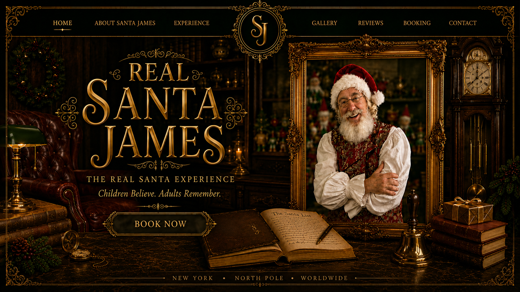 Real Santa James in a richly decorated Victorian Christmas study, with an ornate framed portrait and the words Real Santa James — The Real Santa Experience.